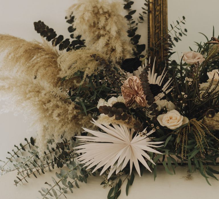 Fireplace Flowers with Dried Palm Leaves, Grasses, Foliage, Muted Flowers