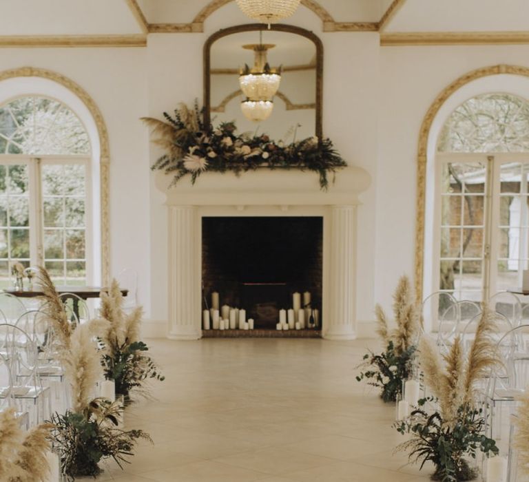 Pampas Grass and Foliage Aisle Wedding Flowers at Northbrook Park Wedding Venue