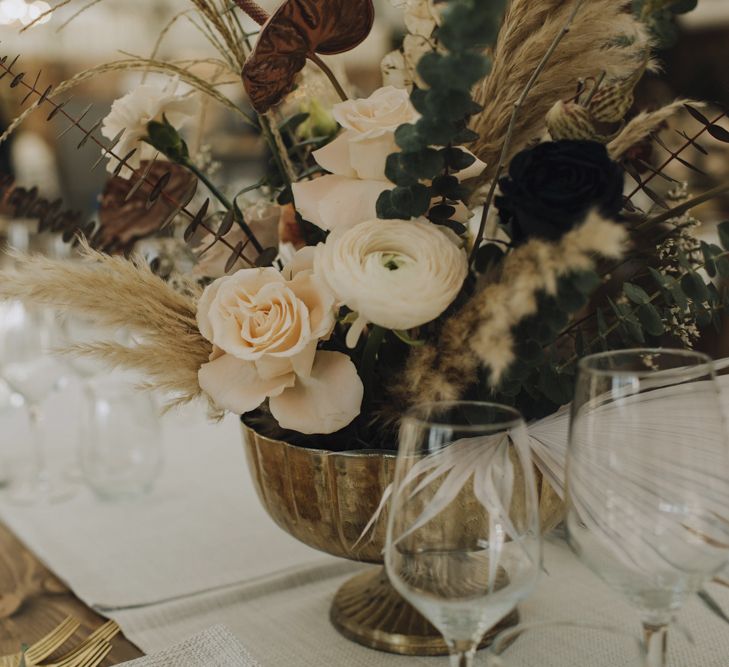 Soft Muted Flowers, Dried Grasses and Foliage Wedding Flower Arrangement