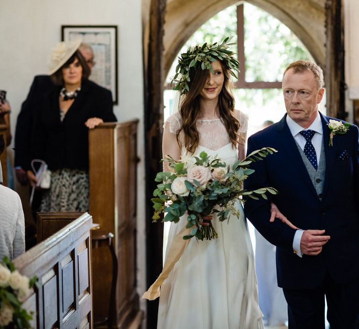 Church Bridal Entrance in Charlie Brear Wedding Dress and Olive Branch Flower Crown