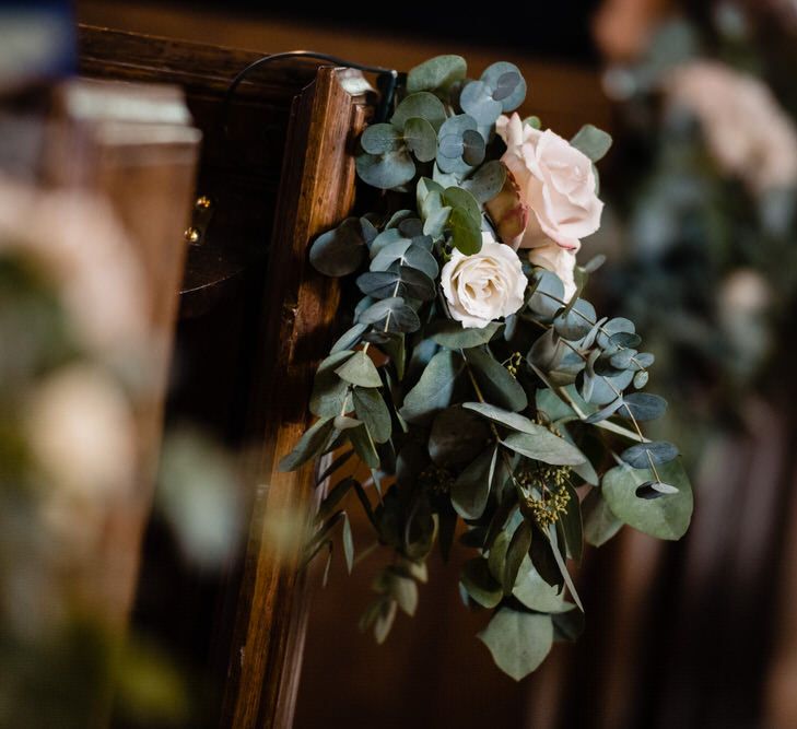 Church Pew Flowers with Pink Rose and Eucalyptus