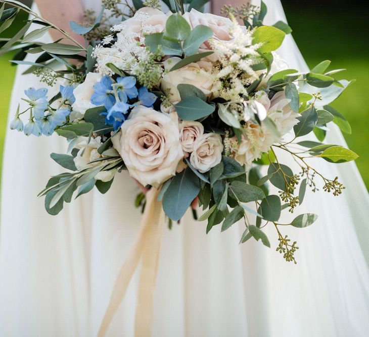 Pastel Pink and Blue Flower Wedding Bouquet with Foliage