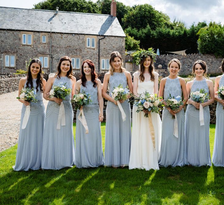 Bridal Party with Bridesmaids in Pale Blue Monsoon Dresses and Bride in Charlie Brear Wedding Dress