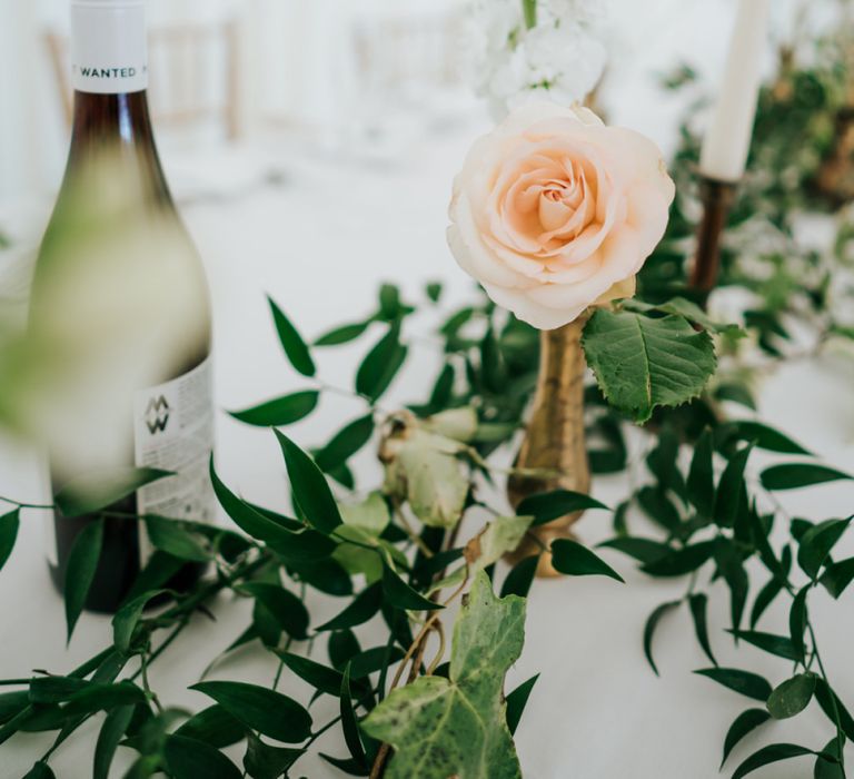 Peach Rose Flower Stem in Gold Vessel with Greenery