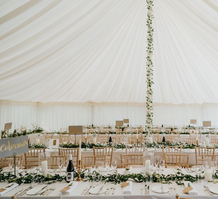 Marquee Wedding Reception Decor with Foliage Garlands and Fairy Lights