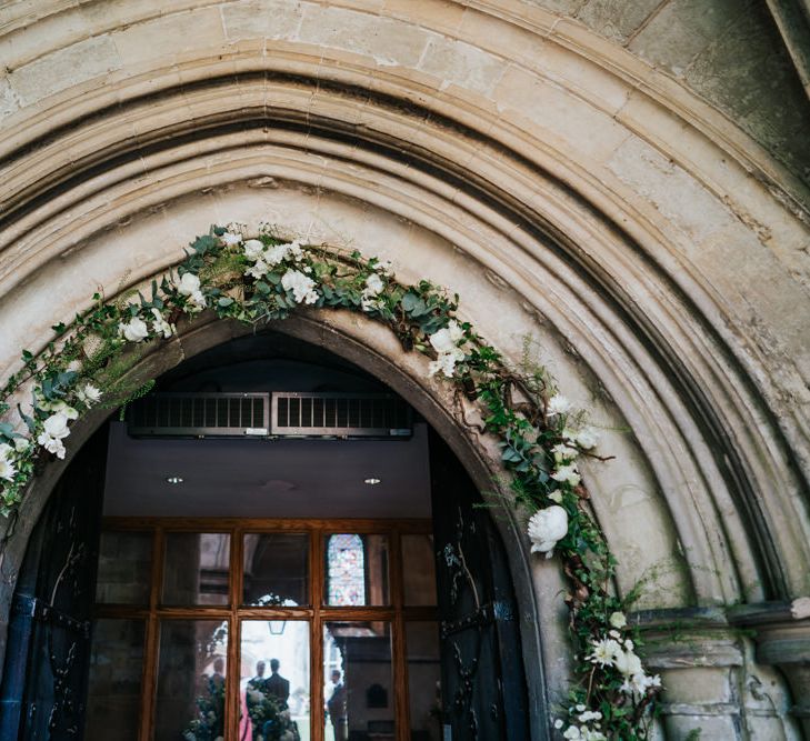 White and Green Church Floral Arch Wedding Flowers