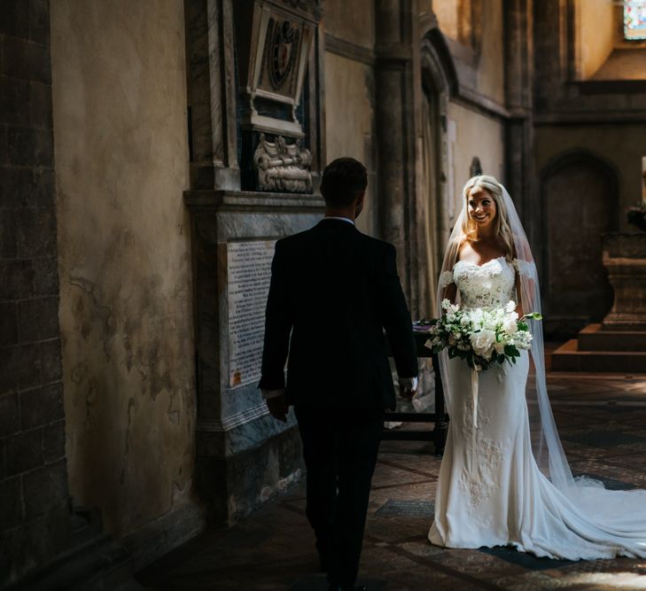 Bride and Groom Church Wedding Portrait with Dappled Light