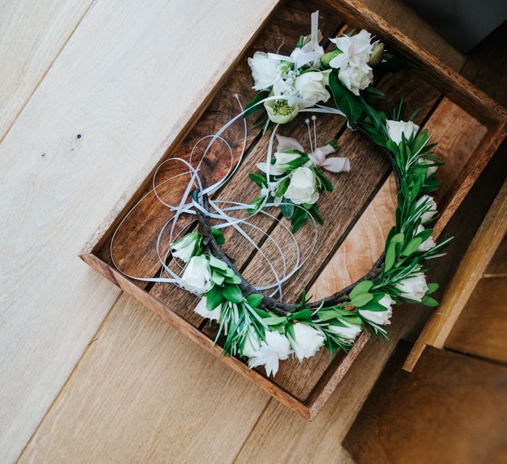 White Rose Flower Crown &amp; Buttonholes