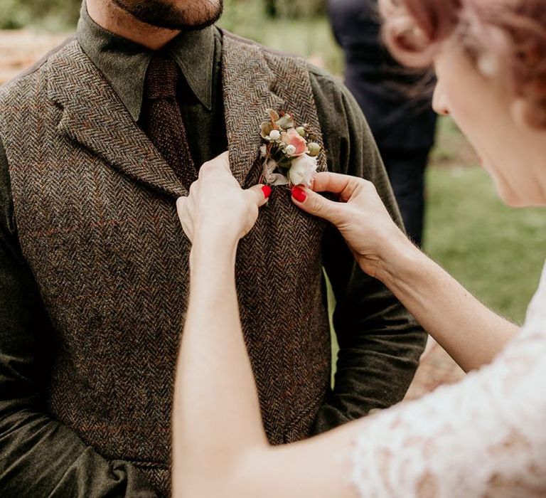 Groom in tweed tuxedo for September wedding