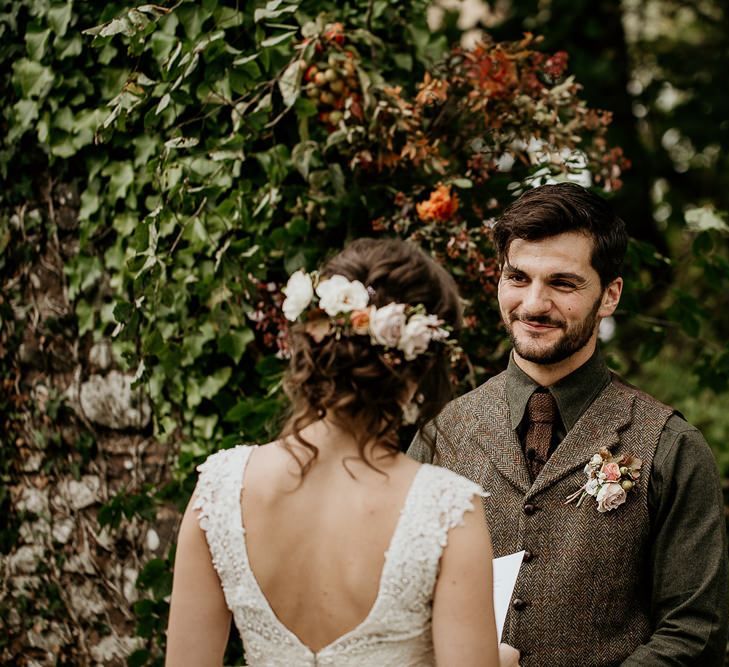 Low back dress with bridal updo