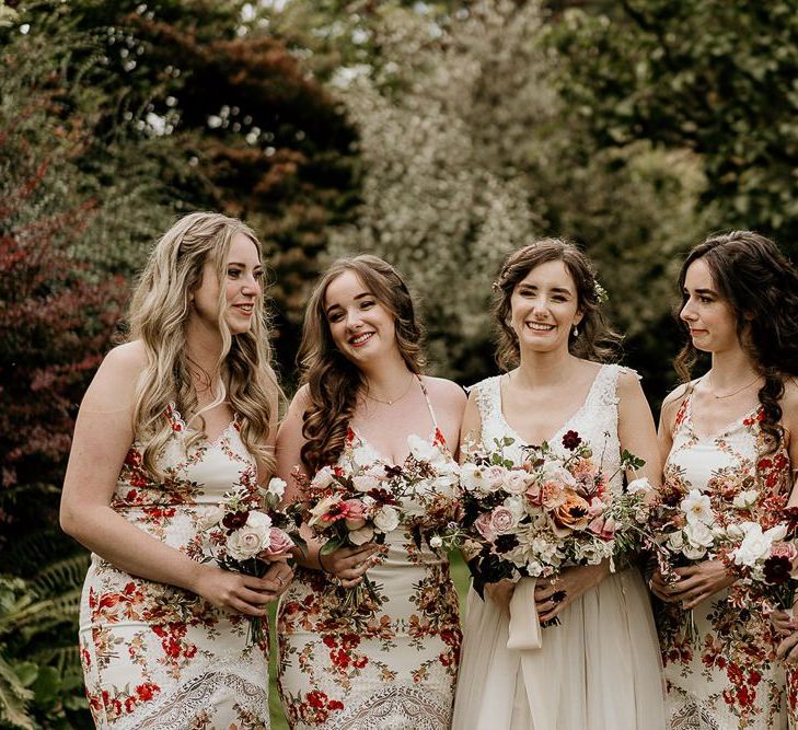 Bridesmaids in patterned dresses