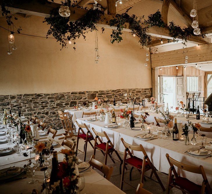 Wedding table set up at September wedding in Devon