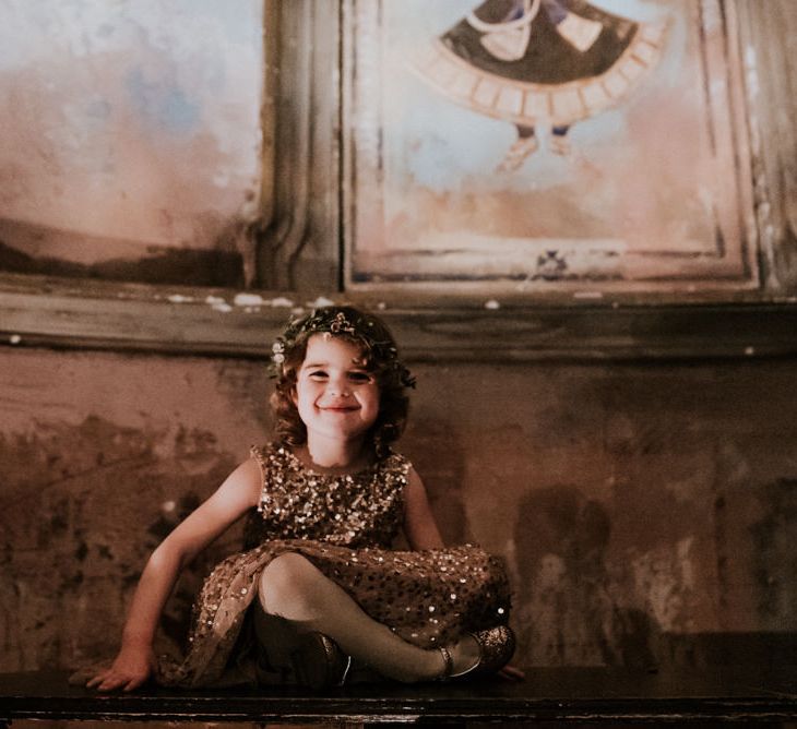 Flower Girl in Gold Sequin Dress and Flower Crown