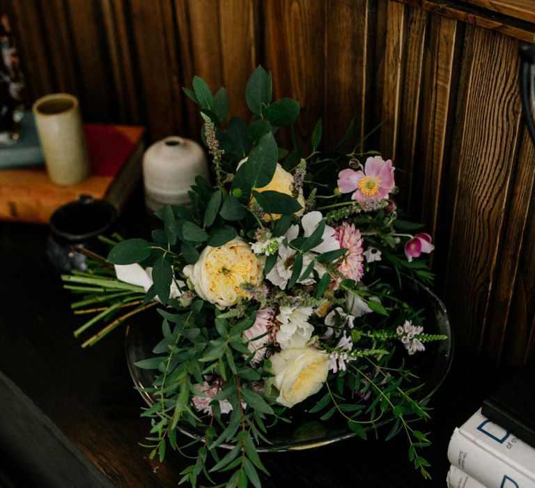 Wedding bouquet with yellow and pink flowers