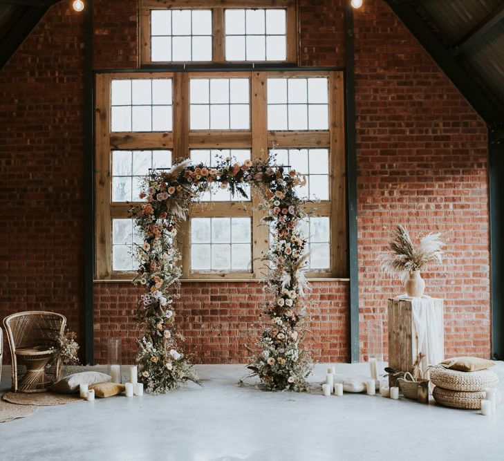 Dried Flowers Floral Arch &amp; Peacock Chairs Wedding Decor