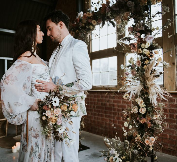 Bell Sleeve Rue de Seine Wedding Dress &amp; Dried Flowers Wedding Bouquet