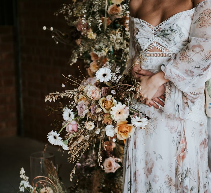 Floral Wedding Dress and Oversized Dried Flowers Wedding Bouquet