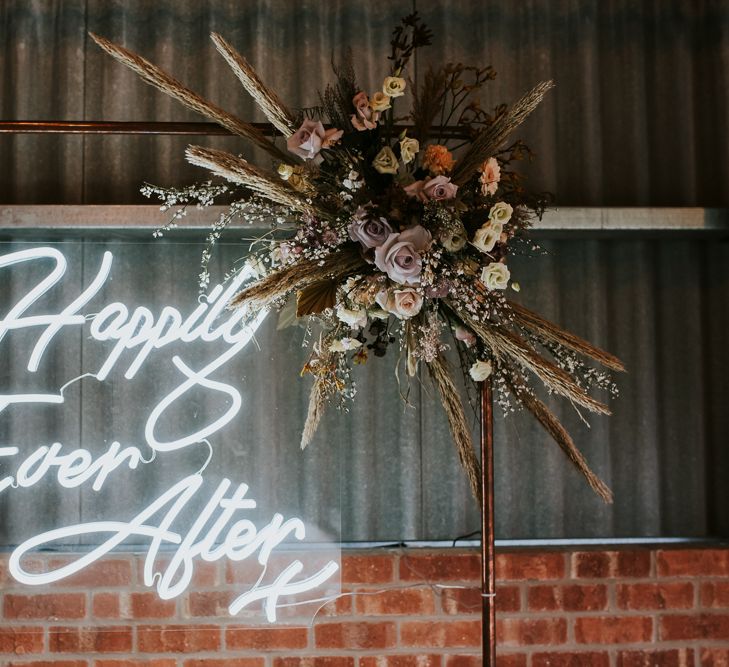 Happily Ever After Neon Sign on Copper Frame with Dried Flowers Decor