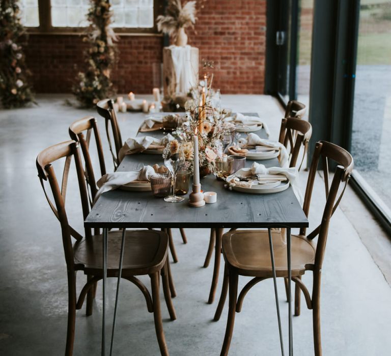 Reception Table Decor with Dried Flowers, Linens and Taper Candles