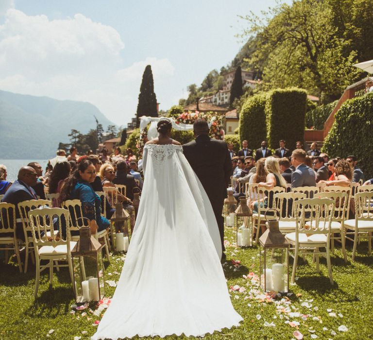 Lake como wedding ceremony with bride in cape