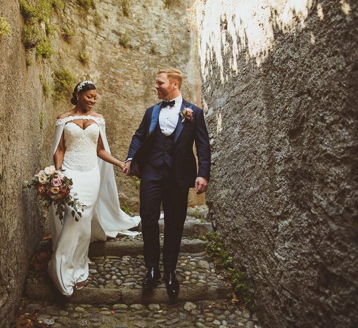 Lake Como wedding with bride and groom in black-tie attire