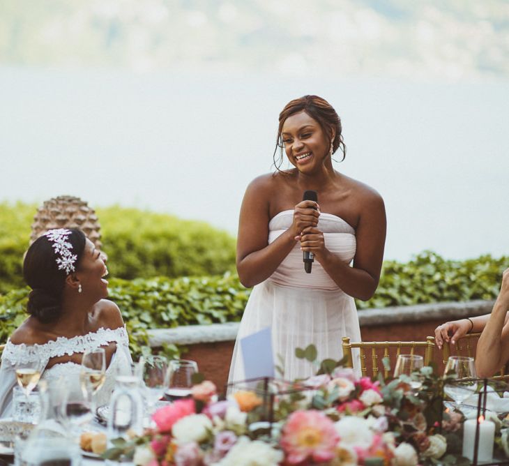 Maid of Honour giving a wedding speech at Lake Como wedding