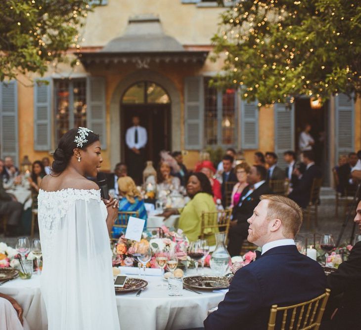 Bride giving at wedding speech at Lake Como wedding