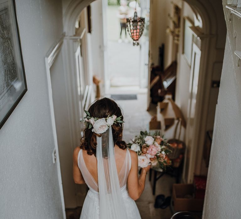 Tipi Wedding at Home, Cumbria. Pale Dusky Pink, White and Mocha Flowers, Handwritten Details and Festoon Lights. Bride wears Essence of Australia Dress from Angelica Bridal. Groom wears Olive Next Suit and Tan Office Shoes.