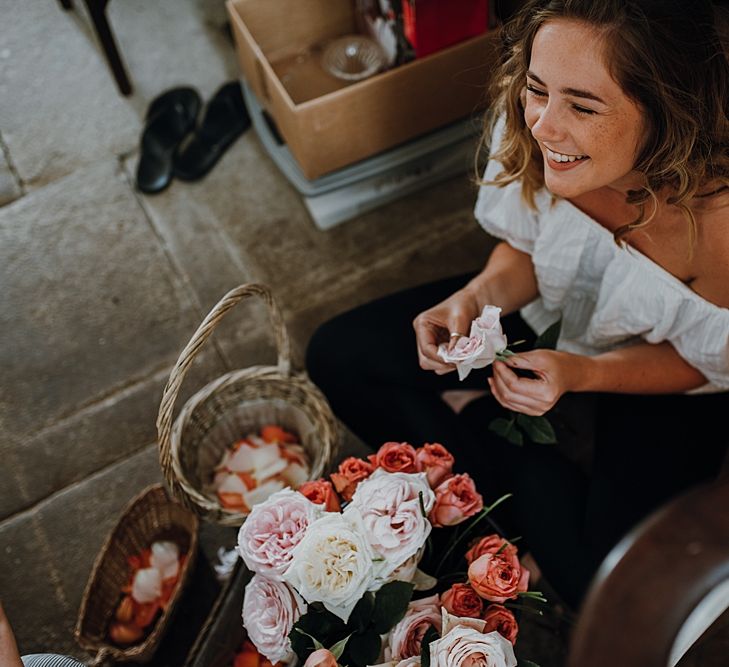 Bridal Morning Preparations. Tipi Wedding at Home, Cumbria. Pale Dusky Pink, White and Mocha Flowers, Handwritten Details and Festoon Lights. Bride wears Essence of Australia Dress from Angelica Bridal. Groom wears Olive Next Suit and Tan Office Shoes.