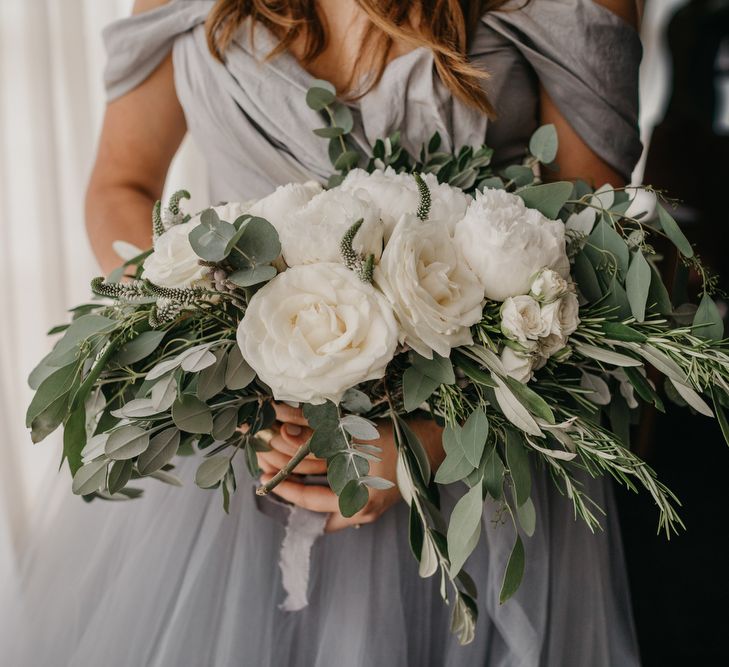 Giant White Rose and Eucalyptus Wedding Bouquet