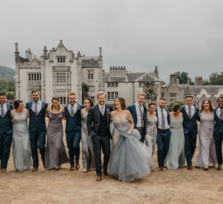 Wedding Party Portrait in Grey and Blue Ombre Tones