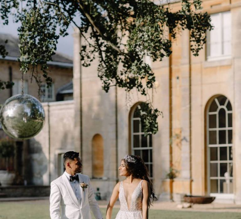 Bride and groom portrait by Rebecca Goddard Photography with bride in Berta Bridal wedding dress