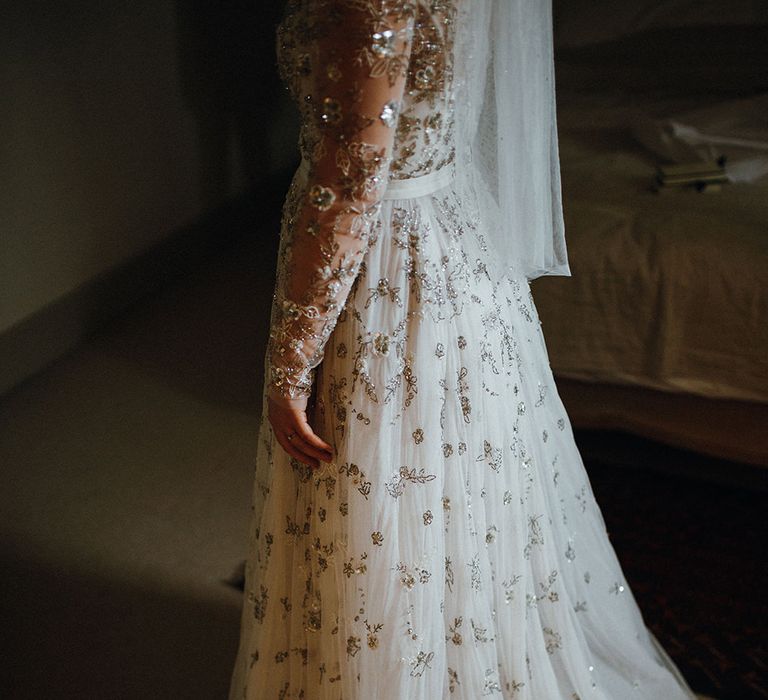 Bride in Bead Embellished Needle &amp; Thread Gown with Cascading Tulle Skirt and Semi-Sheer Sleeves