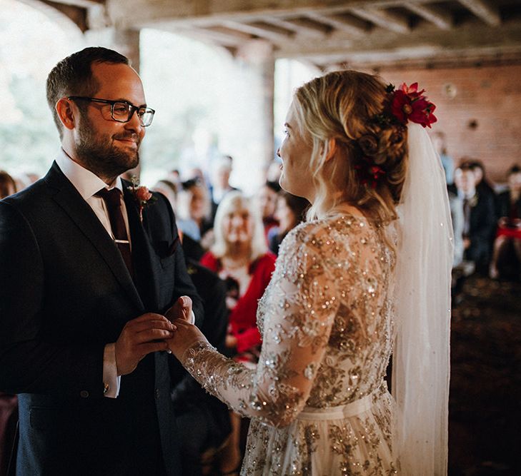 Bride in Bead Embellished Needle &amp; Thread Gown with Cascading Tulle Skirt and Semi-Sheer Sleeves | Elbow Length Veil | Bridal Up Do with Pink Hair Flowers | Groom in Check Blue Three-Piece Suit by T.M.Lewin with Maroon Tie and Pocket Square | Wedding Ceremony at Pimhill Barn | Mariachi Band and Persian Rug Aisle for Autumn Wedding | Leah Lombardi Weddings