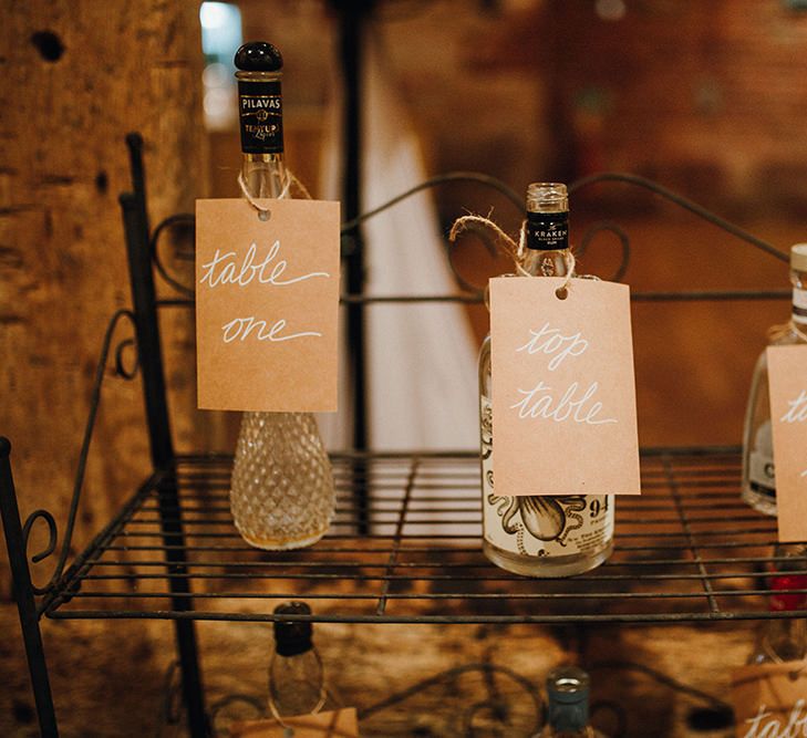 Table Plan with Bottles and Kraft Labels | Mariachi Band and Persian Rug Aisle for Autumn Wedding | Leah Lombardi Weddings