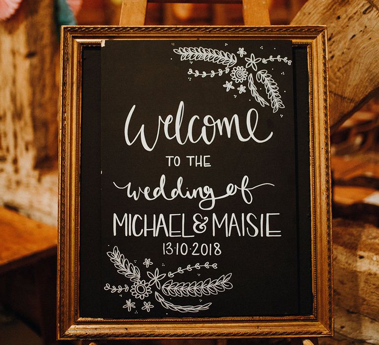 Chalkboard Welcome Sign | Mariachi Band and Persian Rug Aisle for Autumn Wedding | Leah Lombardi Weddings