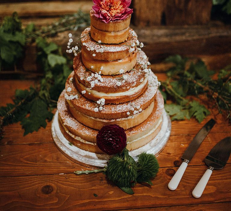 Naked Wedding Cake from Waitrose | Wooden Mr and Mrs Cake Topper | Mariachi Band and Persian Rug Aisle for Autumn Wedding | Leah Lombardi Weddings