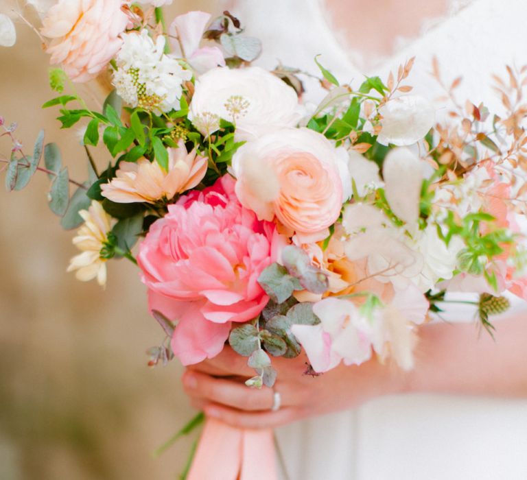 Coral, Pink and Peach Wedding Bouquet Tied With Ribbons