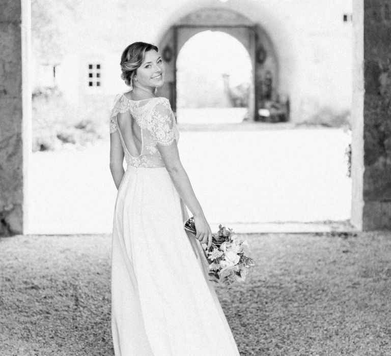 Black and White Portrait on Bride in Croque Lune Wedding Dress with Lace Key Hole Back