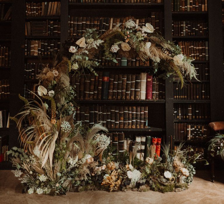 Dried Flower Floral Moon Gate Arch with Foliage and Pampas Grass