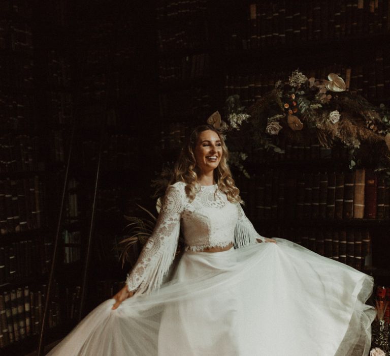 Boho Bride in Bridal Separates with Lace Top and Chiffon Skirt