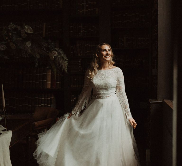 Boho Bride in Bridal Separates with Lace Top and Chiffon Skirt