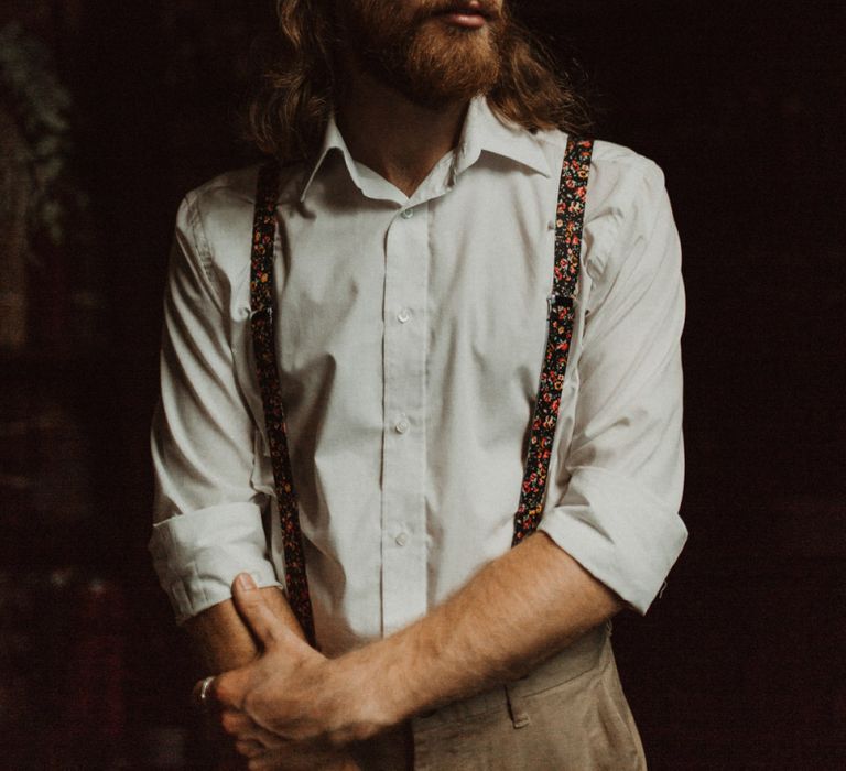 Boho Groom in White Shirt and Floral Braces