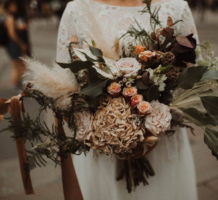 Oversized Dried Flower Wedding Bouquet with Hydrangea, Pampas Grass, Roses and Foliage