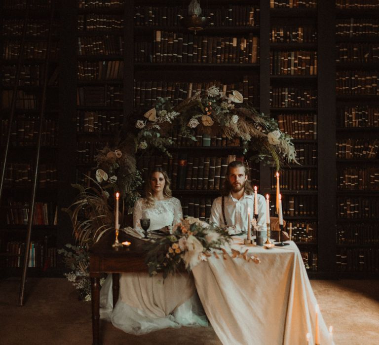 Elopement Wedding at Portico Library in Manchester with  Dried Flower Floral Arch and Sweetheart Table