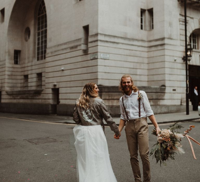 Boho Bride and Groom with Bride in Separates and Leather Jackets and Groom in White Shirt and Braces