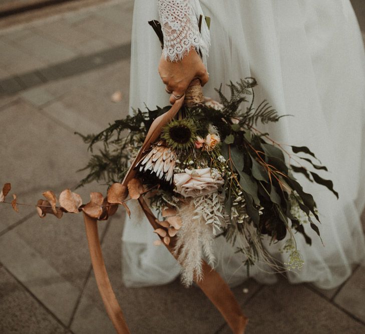 Neutral Bridal Bouquet with Proteas, Roses, Dried Flowers and Foliage