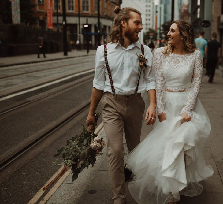 Boho Bride and Groom Walking Through Manchester Streets