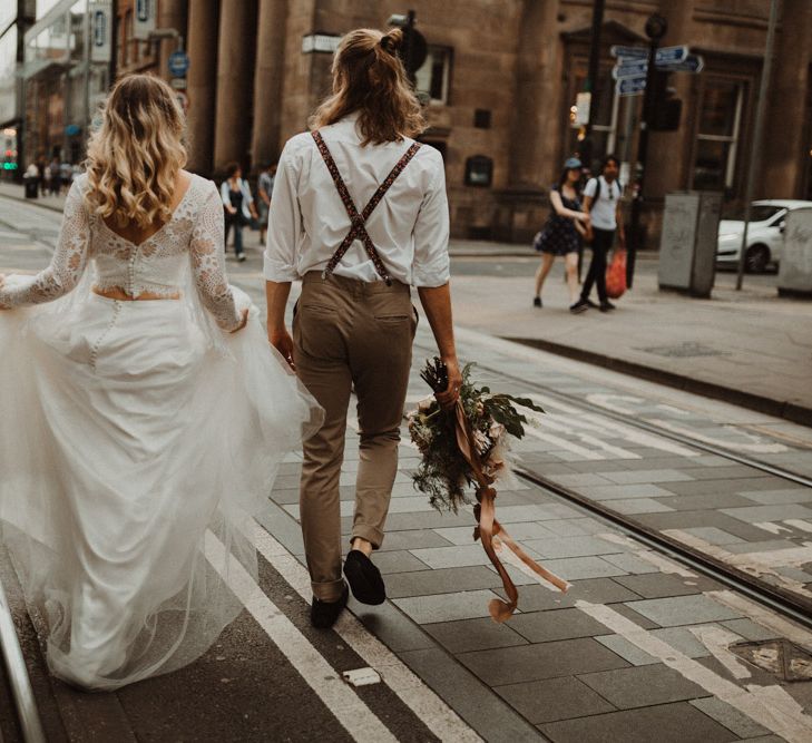 Boho Bride and Groom with Bride in Separates and Groom in White Shirt and Braces