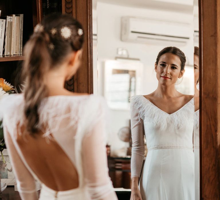 Bride in Sole Alonso Feather Trim Wedding Dress | Malaga Destination Wedding | Sara Lobla Photography | Un Par de Medias Film